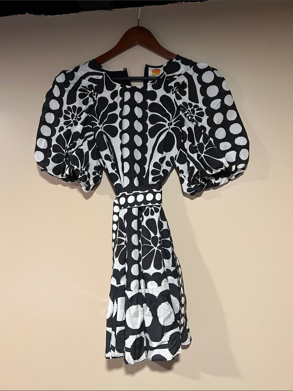 Farm Rio Black & White Floral Dot Puff-Sleeve Mini Dress